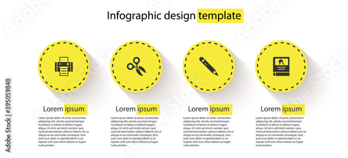 Set Printer, Scissors, Pencil with eraser and Photo album gallery. Business infographic template. Vector.