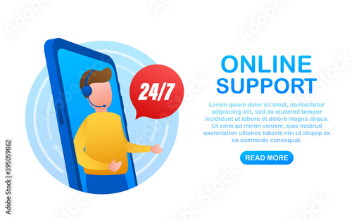 Customer service 24-7. Call center landing page. Online support center, assistance. Vector stock illustration.