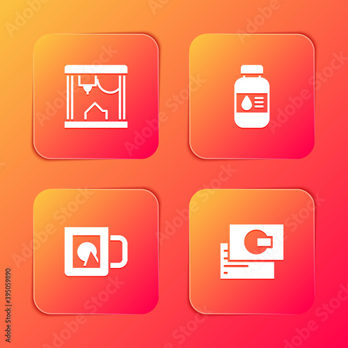 Set 3D printer, Printer ink bottle, Coffee cup and Business card icon. Vector.