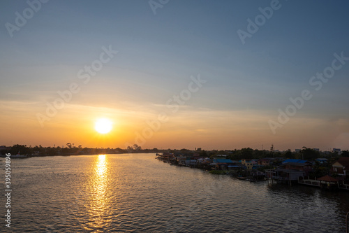 Beautiful Sunset View of Koh Kred at Rama IV bridge cross the Chao Phraya River in Park Kred  Nonthaburi province  Thailand