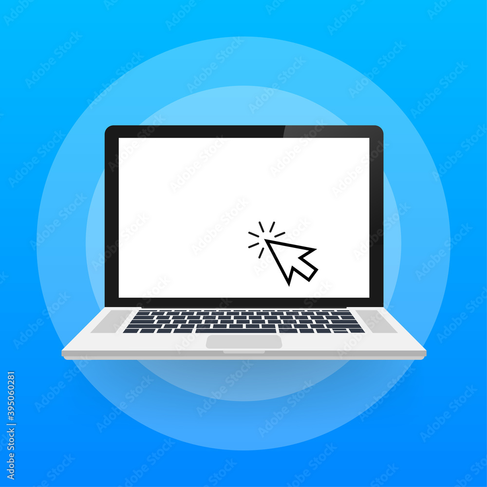 Laptop with cursor. Computer or search click arrow for website. Vector stock illustration. Laptop with cursor. Computer or search click arrow for website. Vector stock illustration.