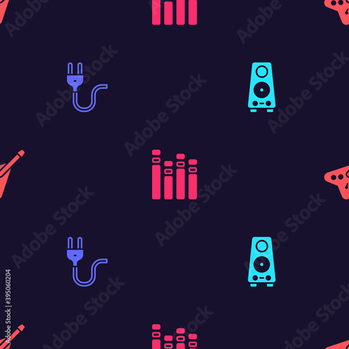 Set Stereo speaker, Electric plug, Music equalizer and bass guitar on seamless pattern. Vector.
