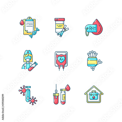 Medical diagnosis RGB color icons set. Clinical examination. Chemical laboratory checkup. Blood test. Polymerase chain reaction check. Health care. Medical exam. Isolated vector illustrations