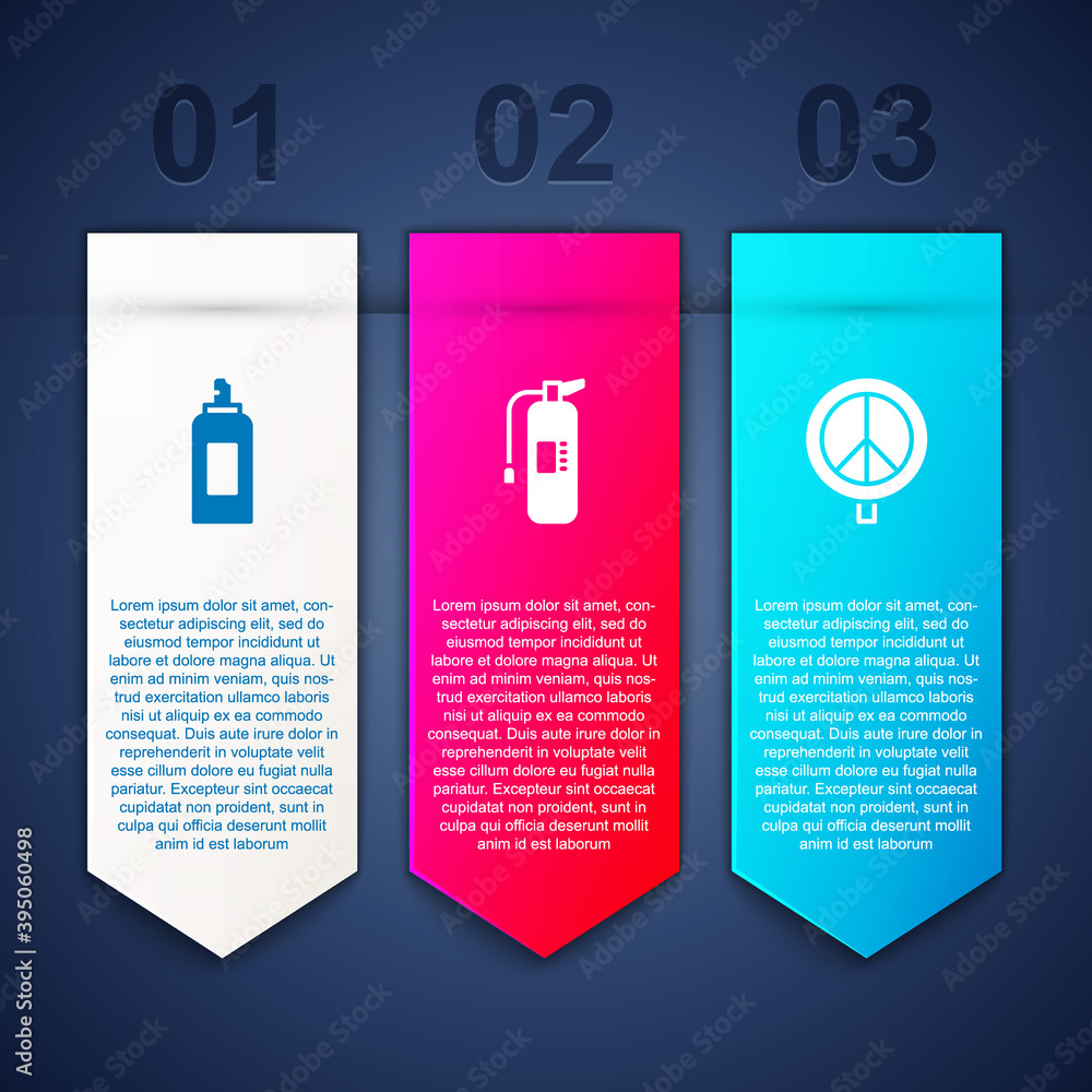 Set Paint spray can, Fire extinguisher and Peace. Business infographic template. Vector. Set Paint spray can, Fire extinguisher and Peace. Business infographic template. Vector.