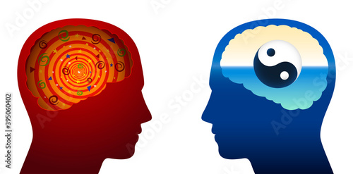 Confusion and harmony comparison, with a confused, flustered, puzzled, addled, chaotic, messy brain and one with a Yin Yang symbol, balanced, harmonic, relaxed, meditating, tranquil, spiritual person.
