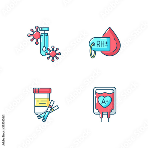 Clinical blood analysis RGB color icons set. Polymerase chain reaction test. Check for covid virus. Blood classification group. Save life with donation. Isolated vector illustrations