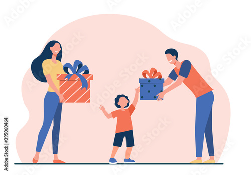 Happy parents giving gifts to son. Boy receiving birthday presents flat vector illustration. Surprise, Christmas, childhood concept for banner, website design or landing web page
