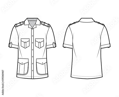 Shirt safari technical fashion illustration with short sleeves, flaps pockets, relax fit, button-down, epaulettes, open collar. Flat template front, back white color. Women men top CAD mockup