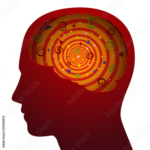 Silhouette of a person with confused thoughts, symbol for confusion, dizziness, Vector illustration on white background.
