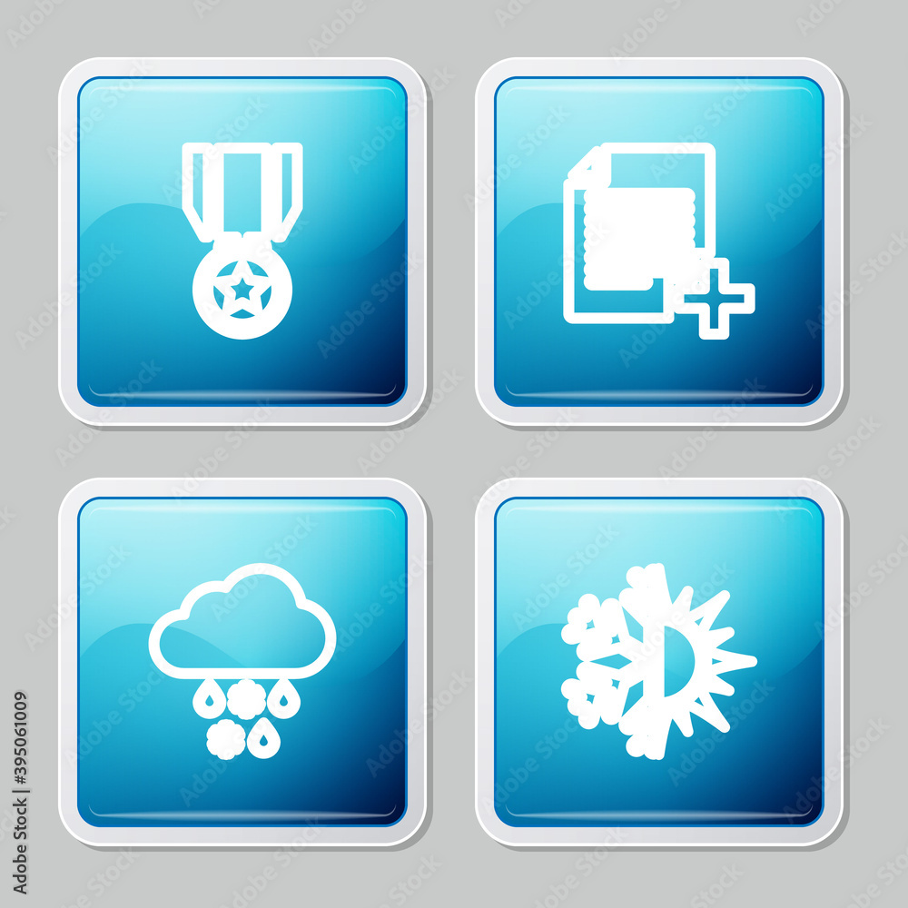 Set line Medal with star, Add new file, Cloud snow and rain and Sun snowflake icon. Vector. Set line Medal with star, Add new file, Cloud snow and rain and Sun snowflake icon. Vector.