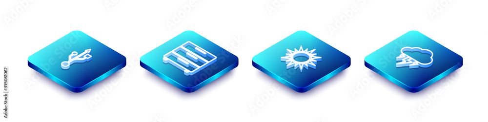 Set Isometric line USB, Furniture nightstand, Sun and Storm icon. Vector. Set Isometric line USB, Furniture nightstand, Sun and Storm icon. Vector.