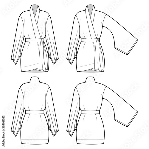 Set of Kimono robe technical fashion illustration with long wide sleeves, belt to cinch the waist, above-the-knee length. Flat blouse template front back white color. Women men unisex CAD shirt mockup
