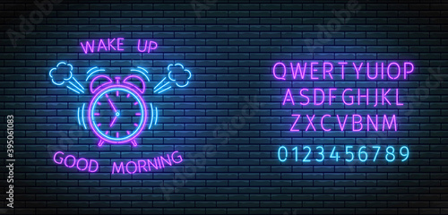 Neon alarm clock. Ringing clock with illuminated font. Good morning and wake up concept. Vector. Led light illustration. Purple timer on brick wall. Fluorescent design.