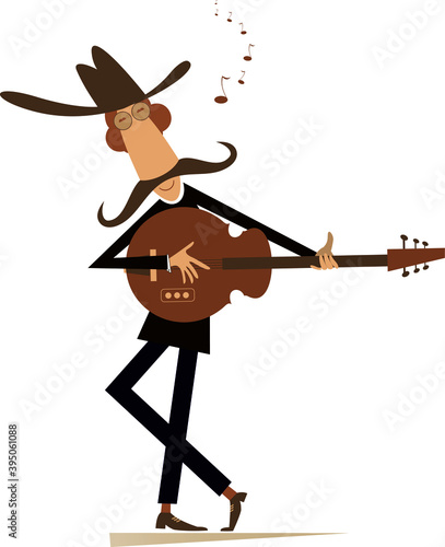 Funny young man playing guitar isolated illustration. Cartoon man in the cowboy hat is playing guitar isolated on white
