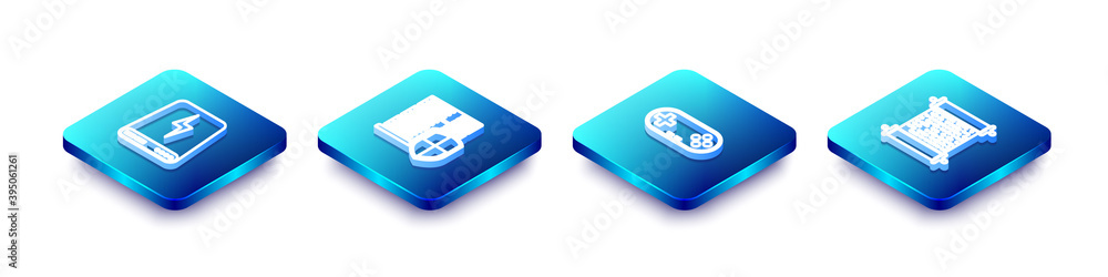 Set Isometric line Power bank, Server with shield, Gamepad and Paper scroll icon. Vector. Set Isometric line Power bank, Server with shield, Gamepad and Paper scroll icon. Vector.