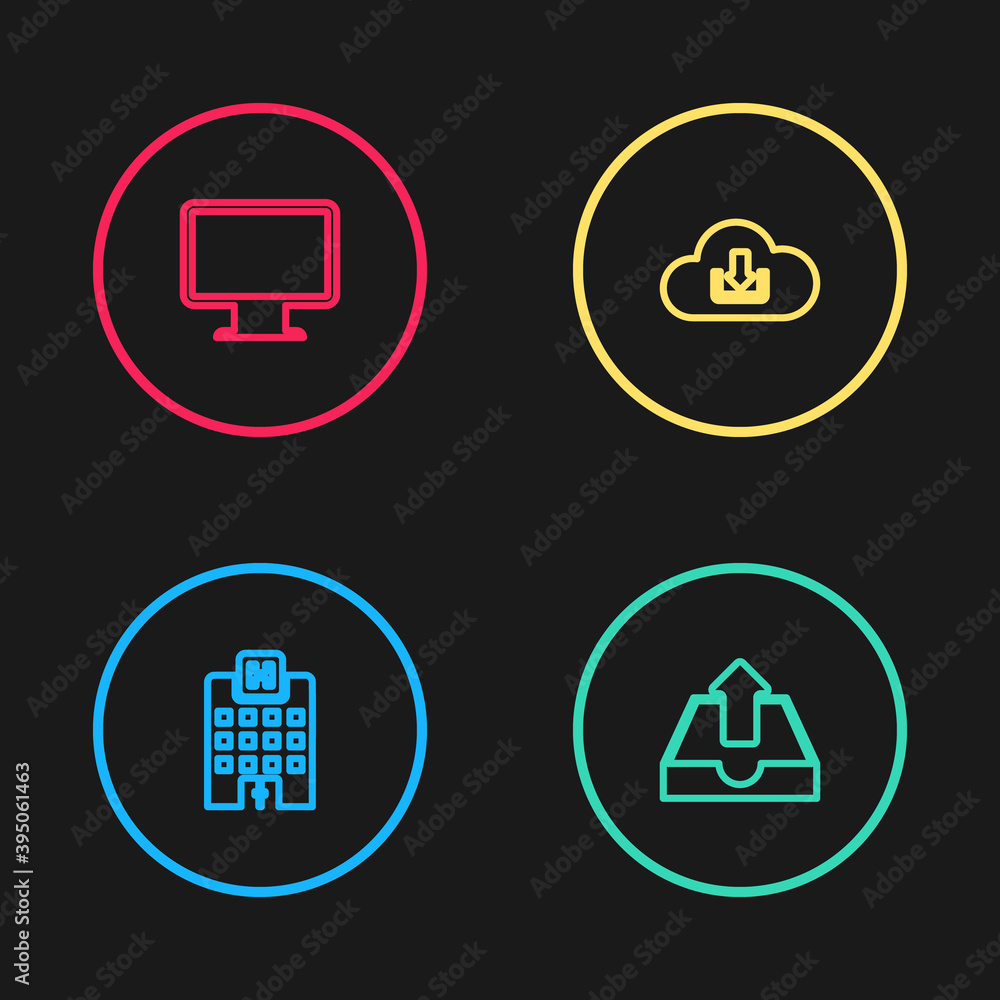 Set line Medical hospital building, Upload inbox, Cloud download and Computer monitor screen icon. Vector. Set line Medical hospital building, Upload inbox, Cloud download and Computer monitor screen icon. Vector.