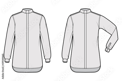 Set of Shirt clergy technical fashion illustration with elbow fold long sleeves, relax fit, concealed button-down, Tab Collar. Flat template front, grey color. Women men unisex top CAD mockup