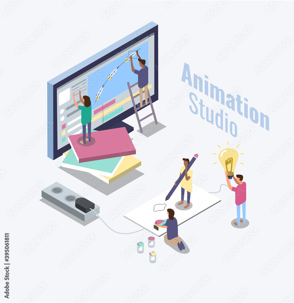 Animation studio concept. Isometric flat illustration about working process  of motion designers team. Freelance, business template for app, website,  banner, commercial. Stock Vector | Adobe Stock