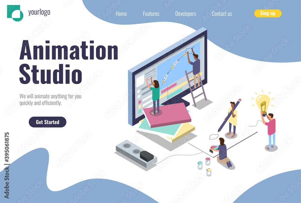 Landing page for animation studio and motion designers. Isometric flat  vector illustration for design of an app, homepage website, banner.  Animators concept easy to customize Stock Vector | Adobe Stock