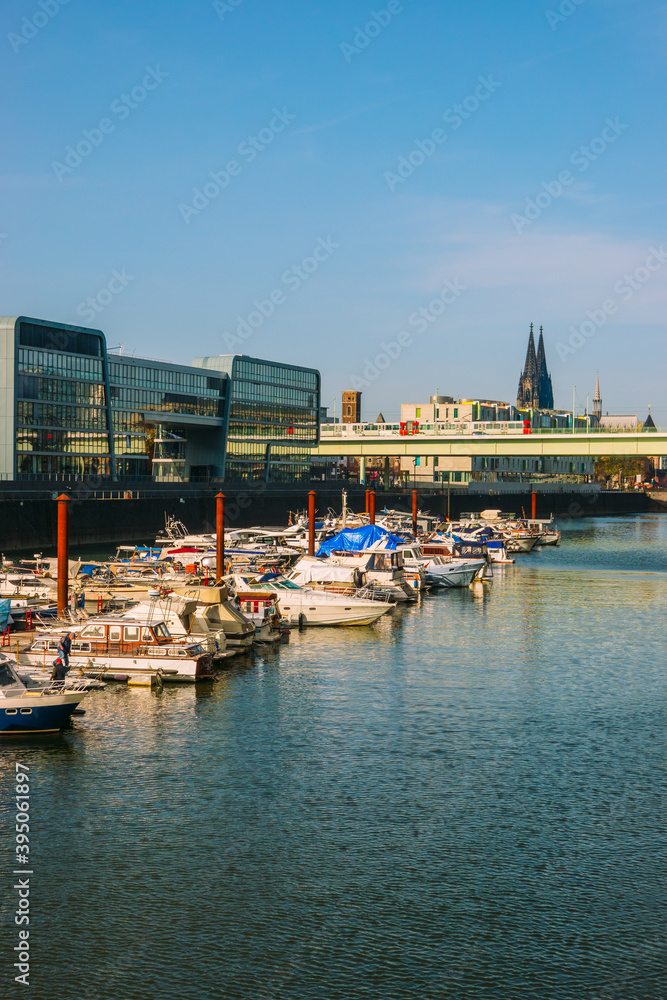 Cologne Koln Köln, Germany: Panorama of the Rheinauhafen, Cologne Harbor, with Boats and Dom Cathedral View