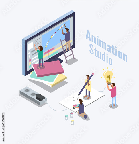 Animation studio concept. Isometric flat illustration about working process of motion designers team. Freelance, business template for app, website, banner, commercial.
