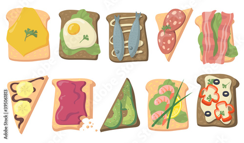 Various tasty toasts flat set for web design. Cartoon sandwich bread with eggs, fish, cheese, avocado slices, bacon isolated vector illustration collection. Healthy food and breakfast concept