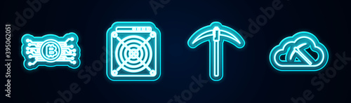 Set line Cryptocurrency bitcoin in circuit, ASIC Miner, Pickaxe and cloud mining. Glowing neon icon. Vector.