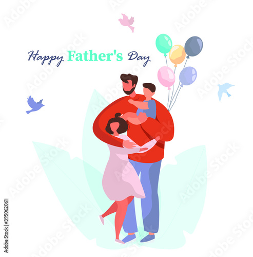 Happy Father s Day.Father with Children Celebrate Father s Day.Happy Family.Dad with His Son and Daughter in His Arms.Best Dad in the World.Flat Vector Illustration