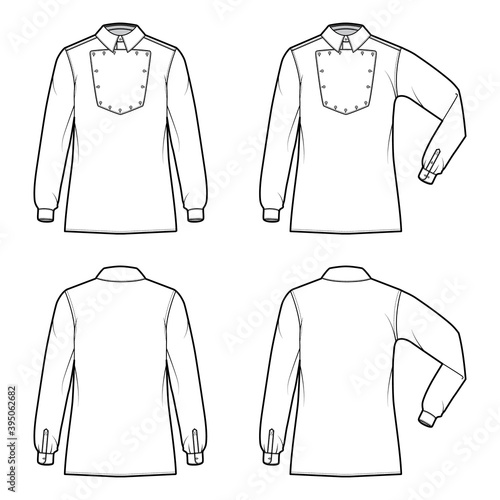 Set of Shirt cavalry Officer technical fashion illustration with bib, elbow fold long sleeves, relax fit, classic collar. Flat wild west style template front back white color. Women men top CAD mockup