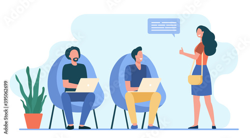 Men working at laptop. Woman showing thumb up to them flat vector illustration. Communication, team, coworking concept for banner, website design or landing web page