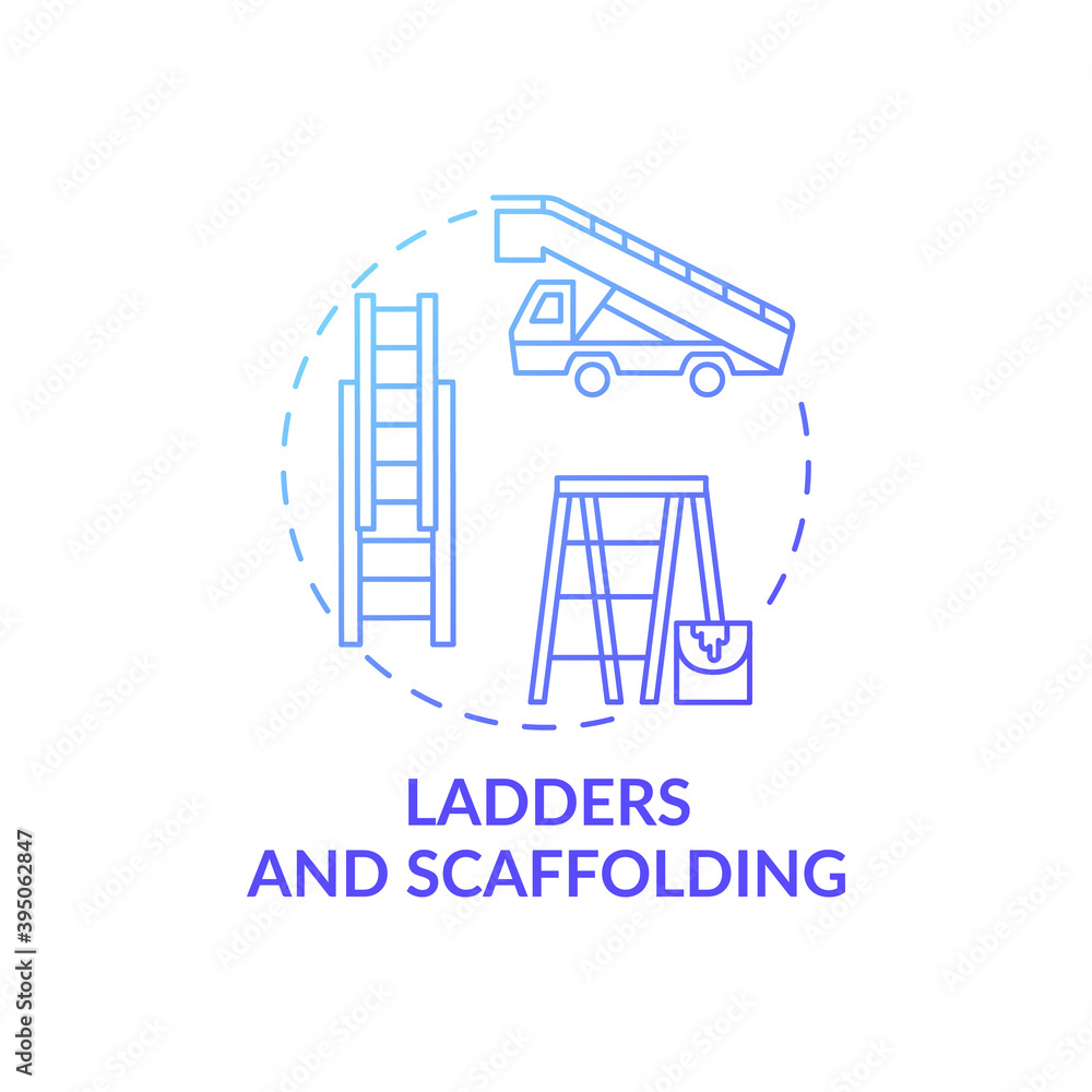 Ladders and scaffolding concept icon. Top workplace safety violations creation. System to install building tools idea thin line illustration. Vector isolated outline RGB color drawing Ladders and scaffolding concept icon. Top workplace safety violations creation. System to install building tools idea thin line illustration. Vector isolated outline RGB color drawing