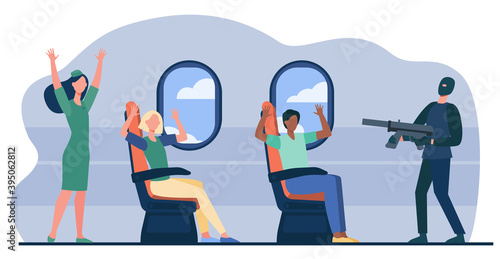Armed terrorist aiming gun at plane passengers on board. People putting hands up in air flat vector illustration. On board aircraft hijacking concept for banner, website design or landing web page