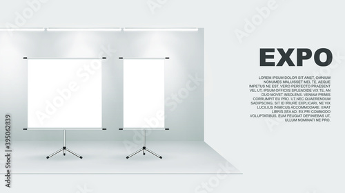 Roll up banners. Advertising billboard, promotional white poster mockup, empty info stand template exhibition or conference presentation vector set
