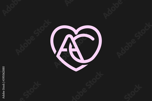 Abstract Initial A and C Logo, Pink Linear heart icon Line Style isolated on black Background, Flat Vector Logo Design Template, vector illustration