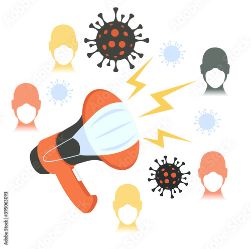 Vector poster megaphone with medical mask. Pandemic risk background vector illustration. Stop corona virus concepts.