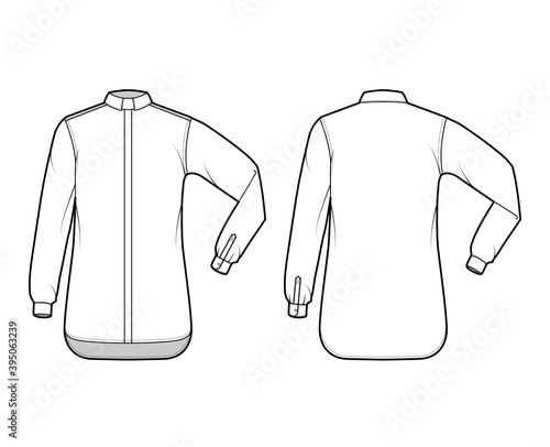 Shirt clergy technical fashion illustration with elbow fold long sleeves, relax fit, concealed button-down, Tab Collar. Flat template front, back white color. Women men unisex top CAD mockup