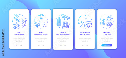 Top workplace safety violations onboarding mobile app page screen with concepts. Respiratory protection walkthrough 5 steps graphic instructions. UI vector template with RGB color illustrations