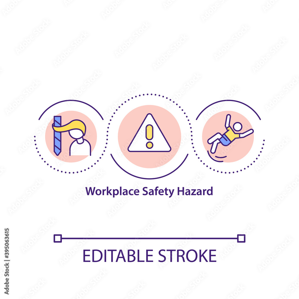 Workplace safety hazard concept icon. Work-related injuries, illnesses idea thin line illustration. Chemical, physical, biological hazards. Vector isolated outline RGB color drawing. Editable stroke
