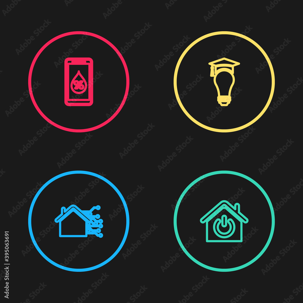 Set line Smart home, , Light bulb and graduation cap and Humidity for smart icon. Vector. Set line Smart home, , Light bulb and graduation cap and Humidity for smart icon. Vector.