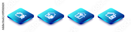 Set Isometric line Smart home, House temperature, with wi-fi and remote control system icon. Vector.