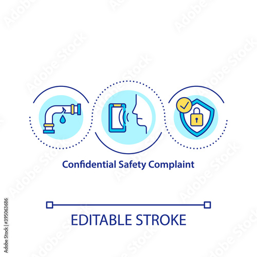 Confidential safety complaint concept icon. Preventing personnel information leakage idea thin line illustration. Network security. Vector isolated outline RGB color drawing. Editable stroke