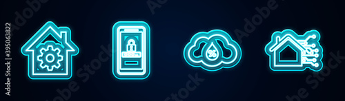 Set line Smart home settings, Mobile and password protection, Humidity and . Glowing neon icon. Vector.