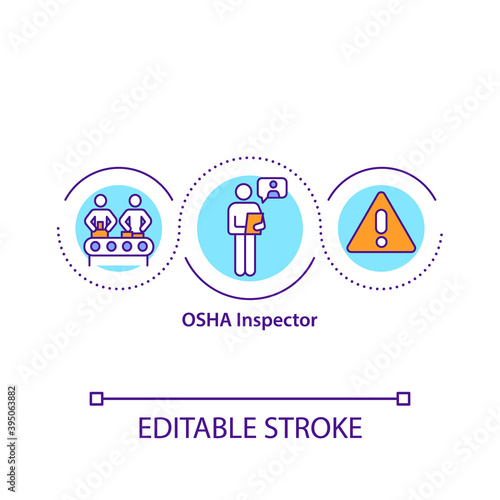 OSHA inspector concept icon. Safety and health officers idea thin line illustration. Identifying unsafe working conditions. Vector isolated outline RGB color drawing. Editable stroke