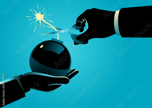 Man giving a bomb with a lit fuse and other man trying to diffuse it by cutting the fuse