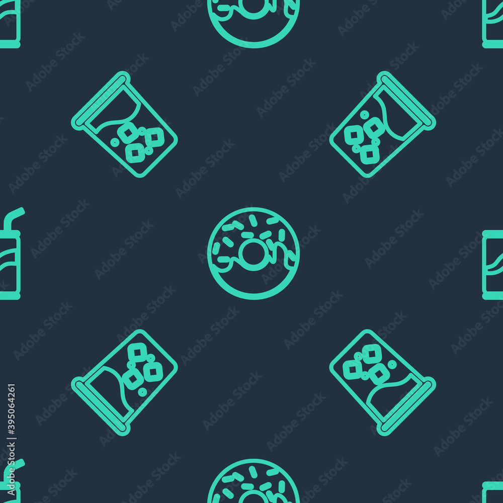 Set line Donut, Glass with water and Soda can drinking straw on seamless pattern. Vector. Set line Donut, Glass with water and Soda can drinking straw on seamless pattern. Vector.