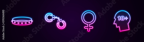 Set line Leather fetish collar, Sexy fluffy handcuffs, Female gender symbol and Head with 18 plus. Glowing neon icon. Vector.