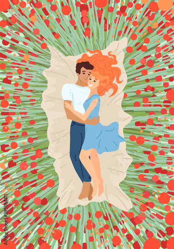 Couple is lying on blanket around flowers on grass. Summer picnic. Vector cartoon illustration