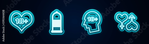 Set line 18 plus content heart, Condom safe sex, Head with and Male and female. Glowing neon icon. Vector.
