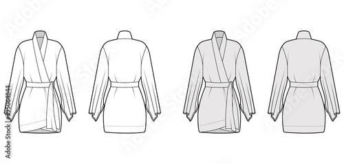 Kimono robe technical fashion illustration with long wide sleeves, belt to cinch the waist, above-the-knee length. Flat apparel blouse template front, back white grey color. Women men CAD shirt mockup