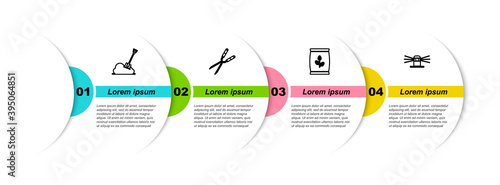 Set line Shovel in the ground, Gardening handmade scissor, Fertilizer bag and Automatic irrigation sprinklers. Business infographic template. Vector.